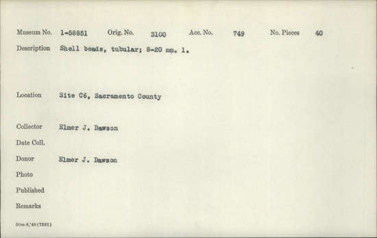 Documentation associated with Hearst Museum object titled Beads, accession number 1-58851, described as Shell, tubular