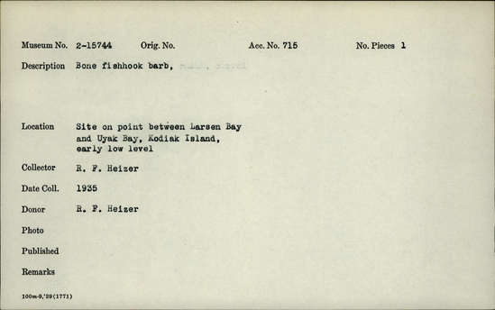 Documentation associated with Hearst Museum object titled Fishhook, accession number 2-15744, described as Bone fishhook barb. Made from baculum, possibly mink, with pathologies.