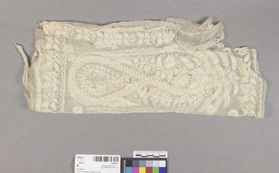 Hearst Museum object titled Garmet, accession number 7-6453a-c, described as Fragments, white work embroidery. Linen. length a) 54 cm b) 38 cm c) 30 cm