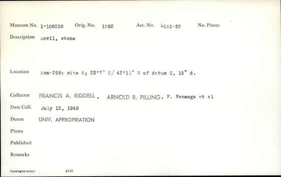 Documentation associated with Hearst Museum object titled Anvil, accession number 1-108238, described as Anvil stone.