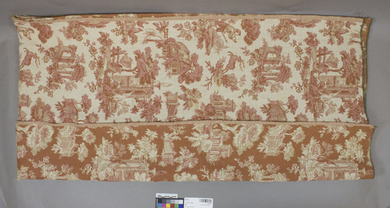 Hearst Museum object titled Textile sample, accession number 2-62421, described as Yardage; cotton, double cloth, colors light brown, white and red, “toile de Jouy,” designs, Jacquard looms