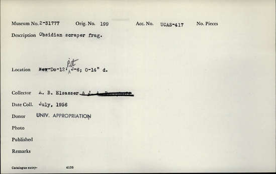 Documentation associated with Hearst Museum object titled Scraper fragment, accession number 2-31777, described as Obsidian.