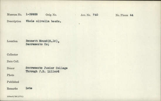 Documentation associated with Hearst Museum object titled Beads, accession number 1-39908, described as Whole, olivella