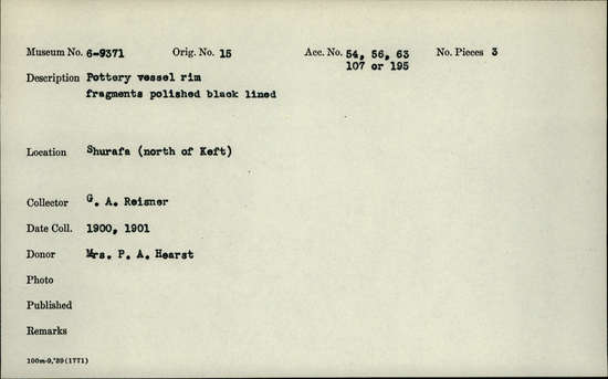 Documentation associated with Hearst Museum object titled Potsherds, accession number 6-9371, described as Pottery:  vessel rim, fragments, polished, black lined