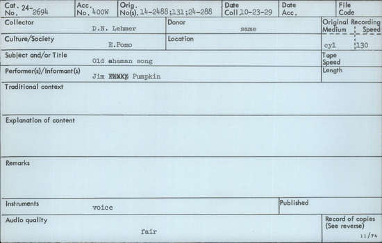 Documentation associated with Hearst Museum object titled Audio recording, accession number 24-2694, described as Old Shaman Song