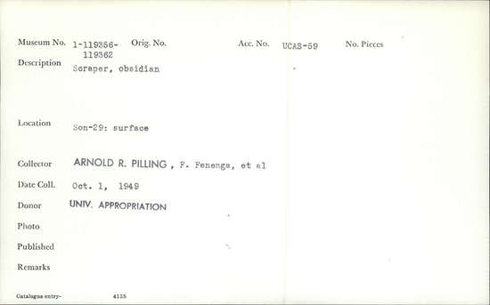 Documentation associated with Hearst Museum object titled Scraper, accession number 1-119361, described as Obsidian