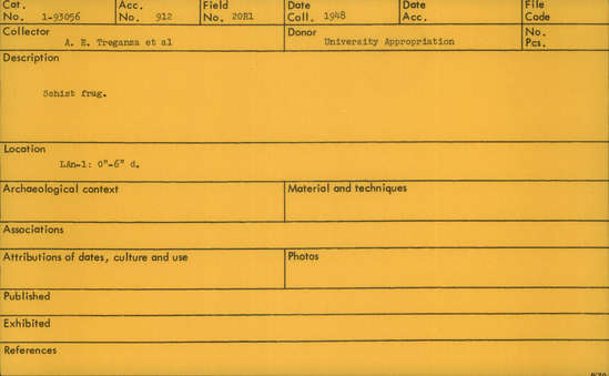 Documentation associated with Hearst Museum object titled Schist fragment, accession number 1-93056, described as Schist fragment