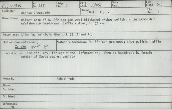 Documentation associated with Hearst Museum object titled Helmet mask, accession number 5-5835, described as helmet mask of West African gum wood blackened with shoe polish; anthromorphic with elaborate headdress; faffia collar; height 39 cm