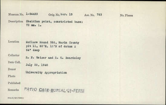 Documentation associated with Hearst Museum object titled Point, accession number 1-54433, described as Obsidian point, constricted base. Notice: Image restricted due to its potentially sensitive nature. Contact Museum to request access.