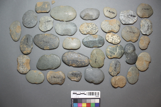 Hearst Museum object titled Sinkers, accession number 1-90385, described as Notched pebble sinkers.