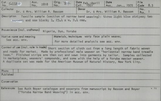 Documentation associated with Hearst Museum object titled Textile fragment, accession number 5-11209, described as textile sample (section of narrow band weaving): three light blue stripes; two maroon; and one black.