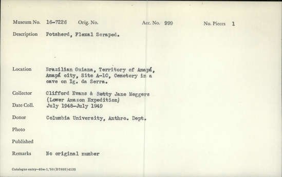 Documentation associated with Hearst Museum object titled Potsherds, accession number 16-7226, described as Potsherds, Flexal scraped