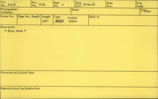 Documentation associated with Hearst Museum object titled 16mm color film with sound, accession number 26-37, described as Pine Nuts", single sprocket, 16mm, color, sound; ca. 450' Notice: Image restricted due to its potentially sensitive nature. Contact Museum to request access.