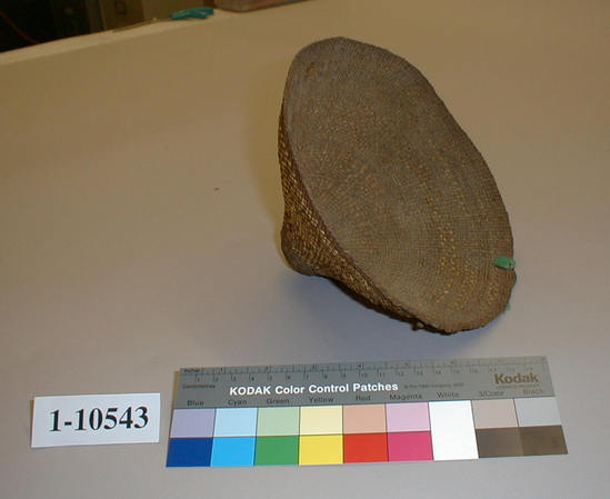 Hearst Museum object 1 of 2 titled Sifter, accession number 1-10543, described as Sifter basket; twined. Warp is Hazel (Corylus cornuta californica), weft is Alder root (Alnus rubra). White pattern is Beargrass (Xerophyllum tenax).