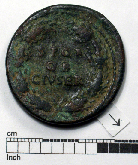 Hearst Museum object 5 of 8 titled Coin: æ sestertius, accession number 8-4001, described as Coin; AE; Sestertius; Roman. Galba, 68-69 AD. Obverse: SER GALBA IMP CAES AVG, Bust r. laureate and draped. Reverse: SPQR/OB/CIV SER in oak wreath