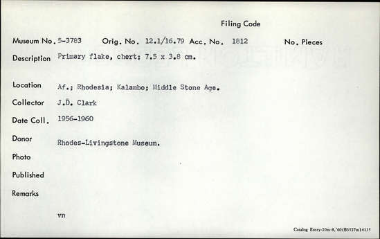 Documentation associated with Hearst Museum object titled Flake, accession number 5-3783, described as Primary flake, chert; 7.5 x 3.8 cm.