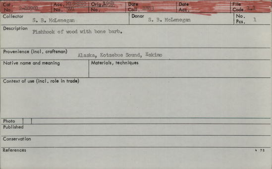 Documentation associated with Hearst Museum object titled Fishhook, accession number 2-10901, described as Made of wood with bone bark.