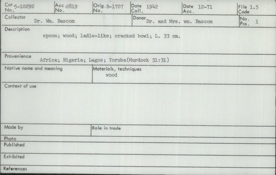 Documentation associated with Hearst Museum object titled Spoon, accession number 5-10292, described as spoon;  wood;  ladle-like;  cracked bowl;  L. 33 cm.