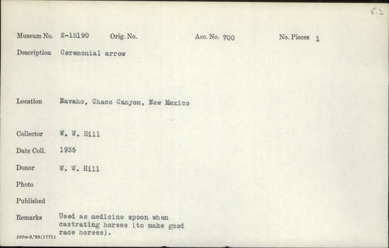 Documentation associated with Hearst Museum object titled Arrow, accession number 2-15190, described as Ceremonial arrow.