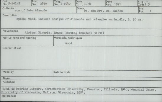 Documentation associated with Hearst Museum object titled Spoon, accession number 5-10145, described as spoon;  wood;  incised designs of diamonds and triangles on handle;  L. 30 cm.