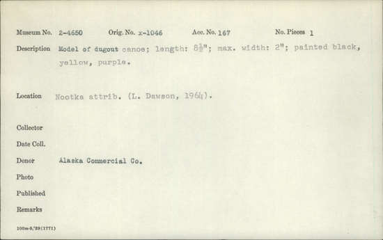 Documentation associated with Hearst Museum object titled Canoe model, accession number 2-4650, described as Model of dugout canoe, painted black, yellow, and purple.