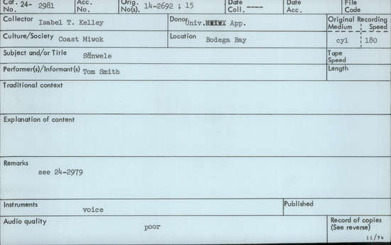 Documentation associated with Hearst Museum object titled Audio recording, accession number 24-2981, described as Sunwele Song