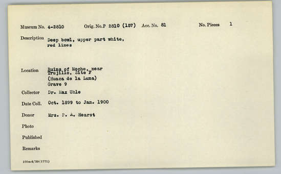 Documentation associated with Hearst Museum object titled Bowl, accession number 4-2810, described as Deep bowl, upper part white, red lines