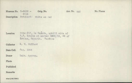 Documentation associated with Hearst Museum object titled Potsherd, accession number 3-9506, described as Potsherd: white on red.