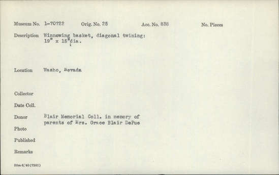 Documentation associated with Hearst Museum object titled Winnowing tray, accession number 1-70722, described as Winnowing basket, diagonal twining.  winnowing tray
