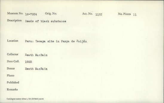 Documentation associated with Hearst Museum object titled Beads, accession number 16-7924, described as Beads of black substance