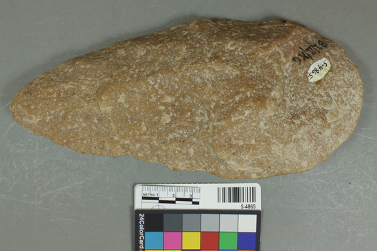 Hearst Museum object 2 of 3 titled Handaxe, accession number 5-4865, described as Quartzite handaxe; length: 20 cm