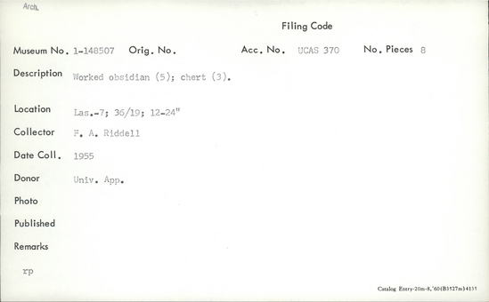 Documentation associated with Hearst Museum object titled Lithic, accession number 1-148507, described as Worked obsidian (5); chert (3).