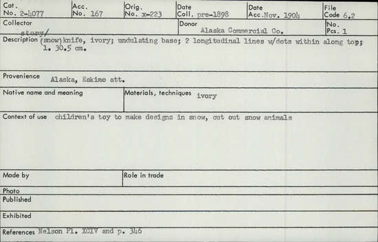 Documentation associated with Hearst Museum object titled Knife, accession number 2-4077, described as Made of ivory. Undulating base. 2 longitudinal lines with dots within along top.