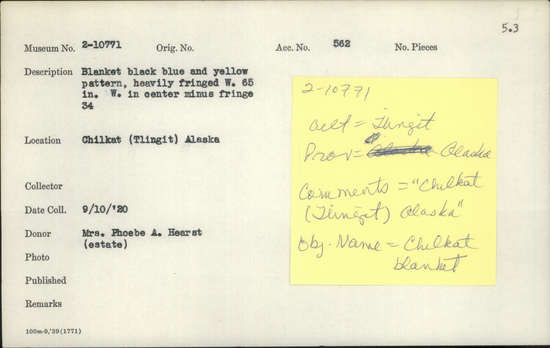 Documentation associated with Hearst Museum object titled Chilkat blanket, accession number 2-10771, described as Black, blue and yellow pattern, heavily fringed.