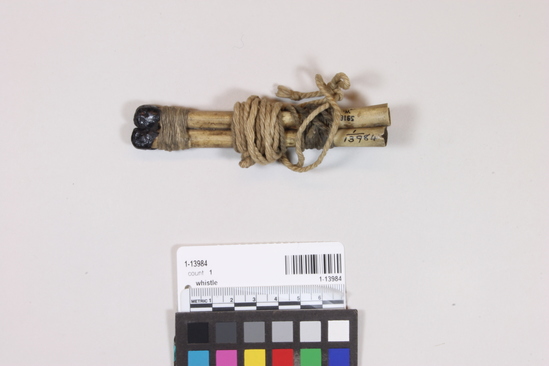 Hearst Museum object titled Whistle, accession number 1-13984, described as Bone, double. Two curved bones lashed together with cotton twine and sinew, single finger hole at centers. Distal end stopped with resin. Twisted cotton twine carrying handle.