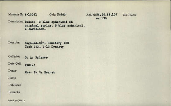 Documentation associated with Hearst Museum object titled Beads, accession number 6-13081, described as beads: two blue spherical on original string, five blue spherical, one carnelian