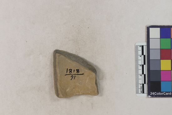 Hearst Museum object 2 of 2 titled Potsherd, accession number 16-8181, described as Potsherd: brown neck, brown slip Section of Manta on beach currently inhabited. Numbers  8111 to 8194 are sherds picked up on beach at low tide.