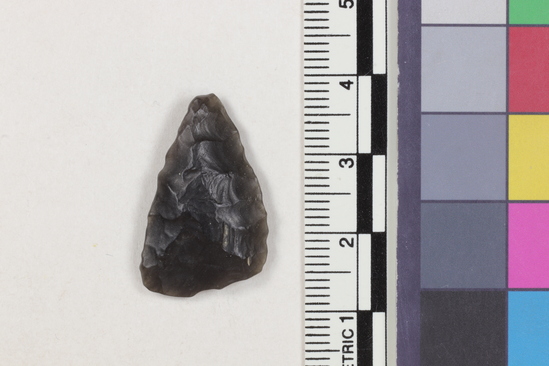 Hearst Museum object 2 of 2 titled Projectile point fragment, accession number 16-14191, described as Projectile point; obsidian; triangular; weight: 2.15 grams; length: 2.5 cm; width: 1.6 cm; depth: 0.5 cm; straight sides, slight convex base.