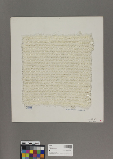 Hearst Museum object 2 of 3 titled Textile sample, accession number 2-63169, described as Sample. Cotton, synthetic. Plain weave with paired warps. Handwoven, whites, 9"x9" from Dorothy Liebes Collection