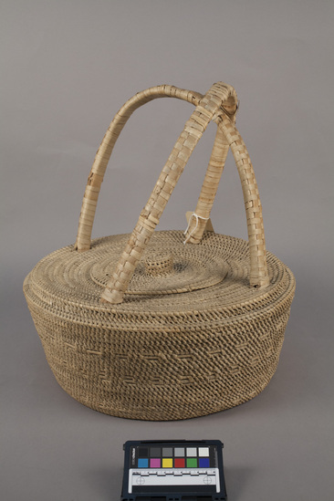 Hearst Museum object titled Basket and lid, accession number 11-2683a,b, described as Large coiled handled basket with cover.