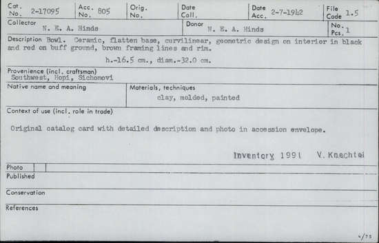 Documentation associated with Hearst Museum object titled Bowl, accession number 2-17095, described as Ceramic, flatten base, curvilinear, geometric design on interior in black and red on buff ground, brown framing lines and rim. Molded and painted.