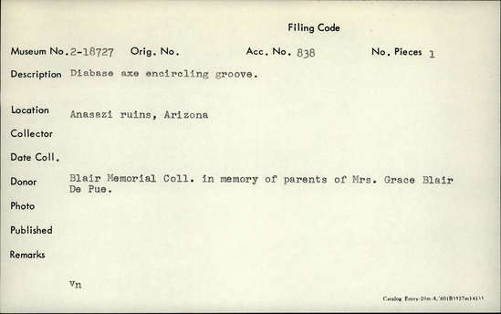 Documentation associated with Hearst Museum object titled Axe, accession number 2-18727, described as Diabase, encircling groove.