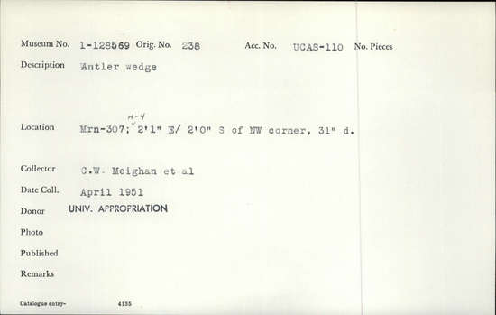 Documentation associated with Hearst Museum object titled Wedge, accession number 1-128569, described as Antler wedge.