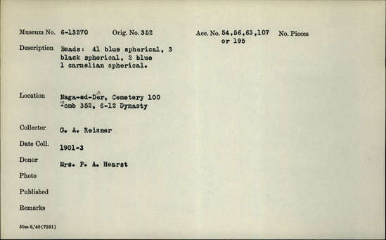 Documentation associated with Hearst Museum object titled Beads, accession number 6-13270, described as Beads: 41 blue spherical (ball) 3 black spherical (ball), 2 blue, 1 carnelian spherical (ball), original piece count: 46?