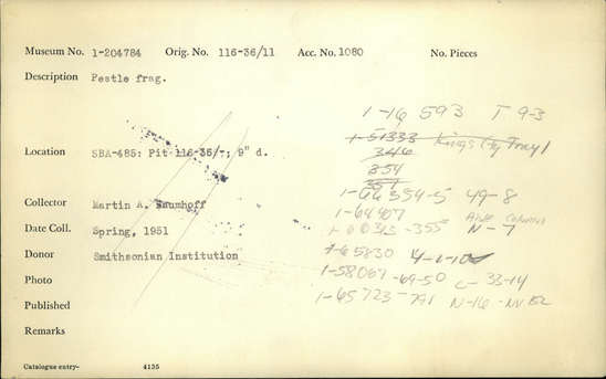 Documentation associated with Hearst Museum object titled Projectile point, accession number 1-66313, described as Corner-notched obsidian projectle point.  "Specimen with number is an arrowpoint.  GG-1958" on catalog card.  Catalog card says this is a charmstone.