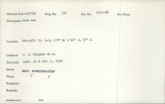 Documentation associated with Hearst Museum object titled Awl, accession number 1-127716, described as Bone awl.