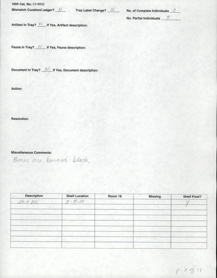 Documentation associated with Hearst Museum object titled Human remains, accession number 12-9932(0), described as The incomplete remains of a middle to old adult, probably female.