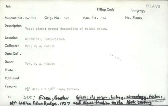 Documentation associated with Hearst Museum object titled Vase, accession number 8-6553, described as Vase; glass; green; decoration of raised spots.