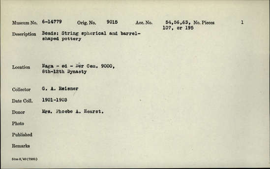 Documentation associated with Hearst Museum object titled Beads, accession number 6-14779, described as String of barrel-shaped and spherical pottery beads