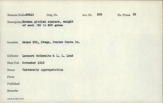 Documentation associated with Hearst Museum object titled Sinkers, accession number 1-23416, described as Broken, girdled